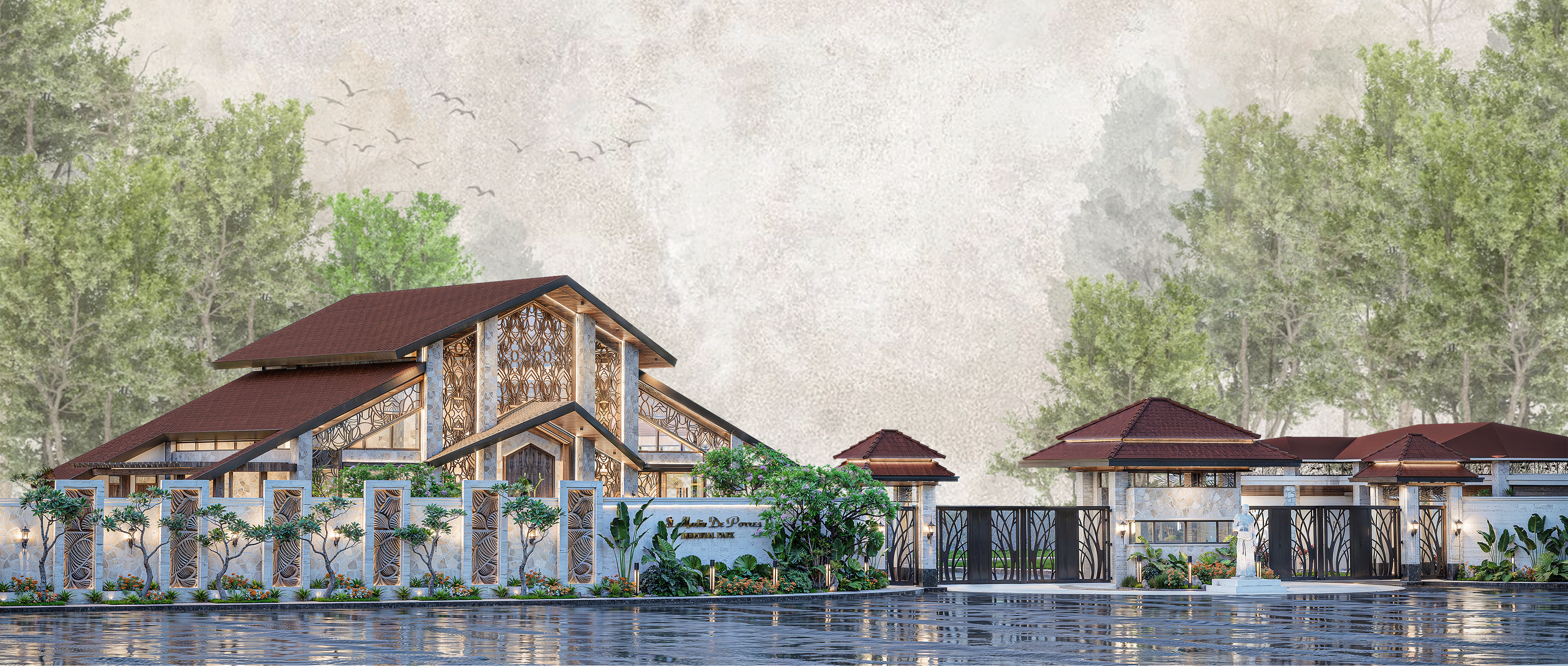 Render of a modern building with a water feature and trees in the background